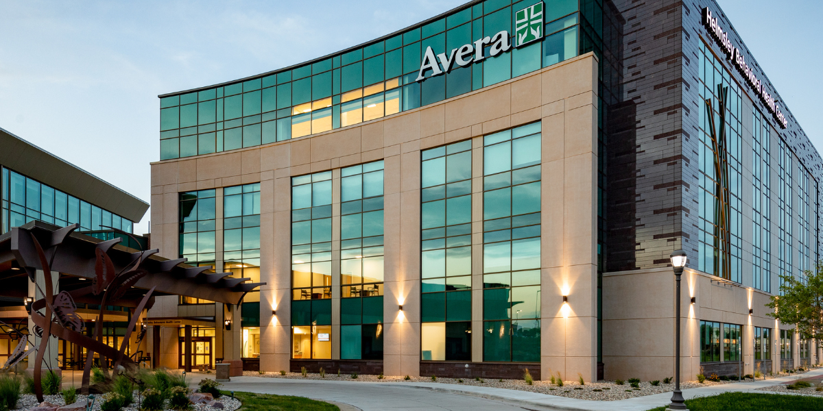 The outside of Avera at sunrise